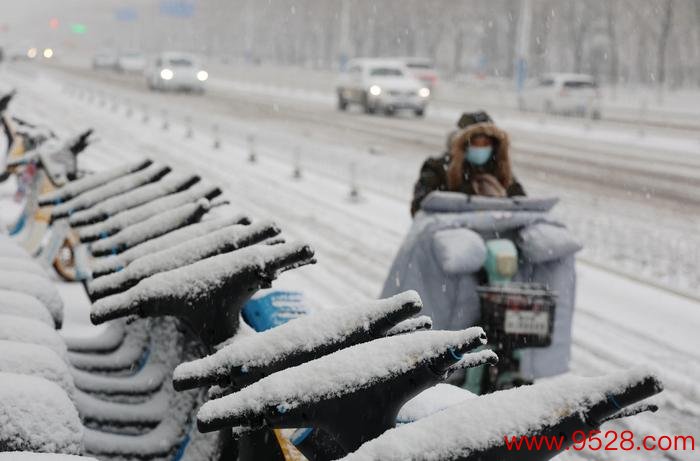 ▲12月14日，山东滨州，市民在街头冒雪骑行。图据视觉中国